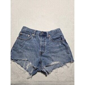 Levis 501 Shorts Womens Size 26 Waist Blue Denim Distressed  Button Fly Cotton